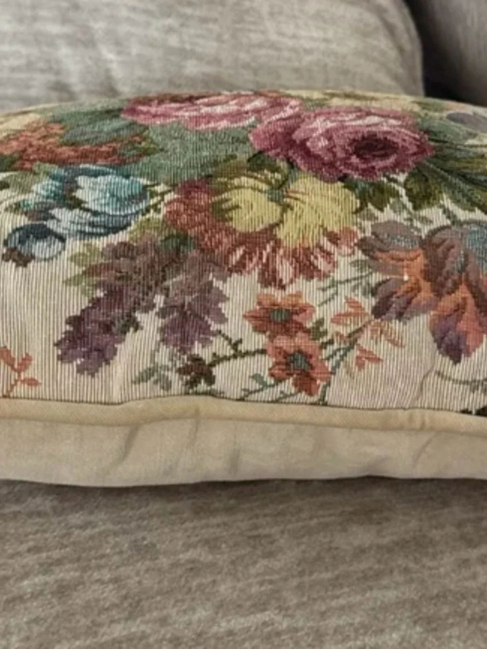 Floral Tapestry Decorative Pillow - Pink, Green, Cream with velvet backing